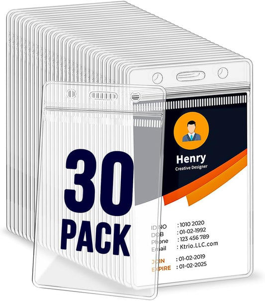 30 Pack Badge Holder, Plastic ID Badge Holder, Clear Waterproof ID Card Holder with Resealable Zip, 2.5" x 3.8" Vertical Name Tag Holder for Nurses and Office, Fits ID Card/Credit Card/Student Card