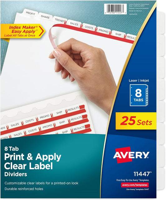 Avery 8-Tab Binder Dividers, Easy Print & Apply Clear Label Strip, Index Maker, White Tabs, 25 Sets (11447)