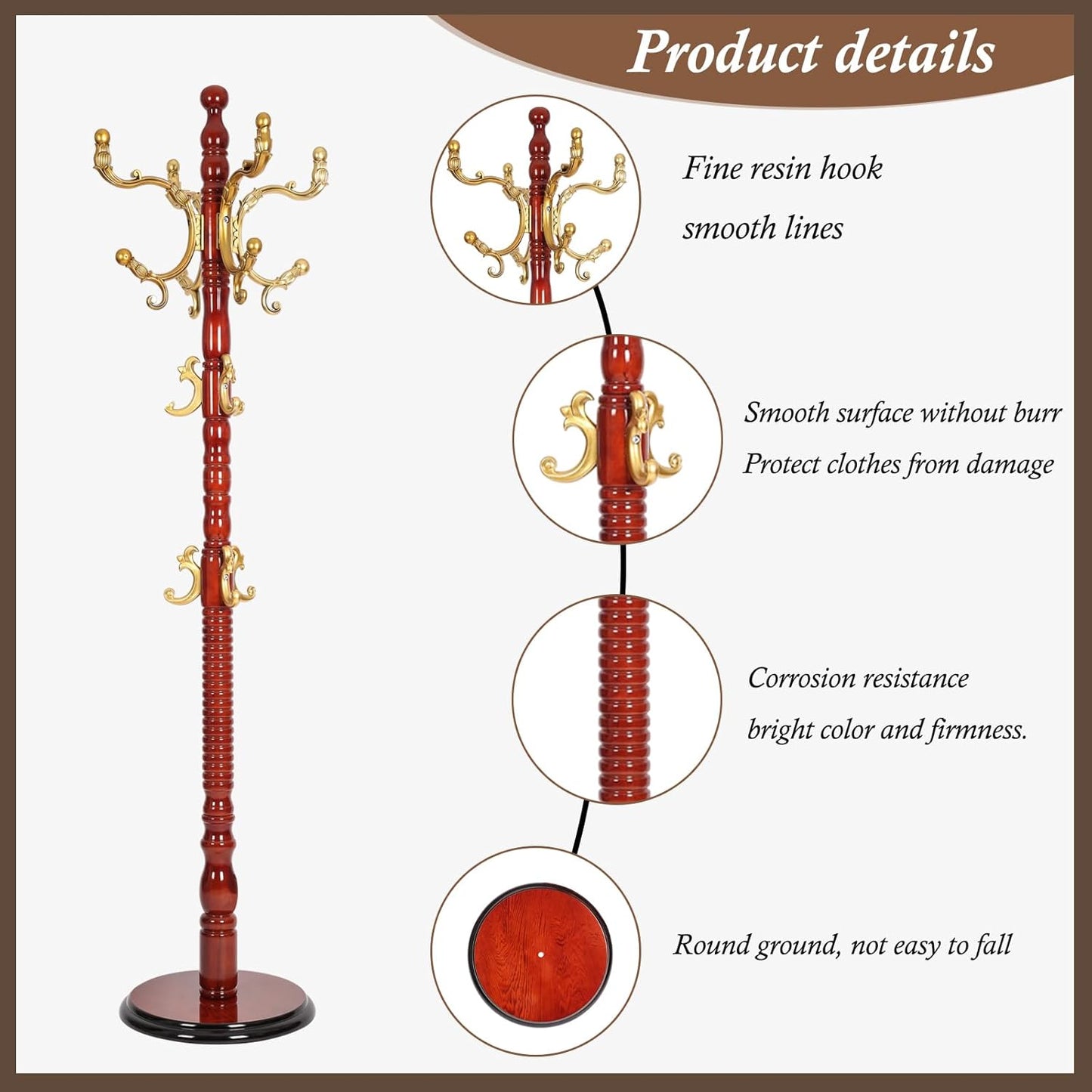 Wooden Coat Rack Freestanding, Vintage Coat Racks with Sturdy Round Base, Adjustable Height 37.40"-72.83" Entrance Coat Rack for Bedroom Living Room Entryway (Solid wood Begonia)