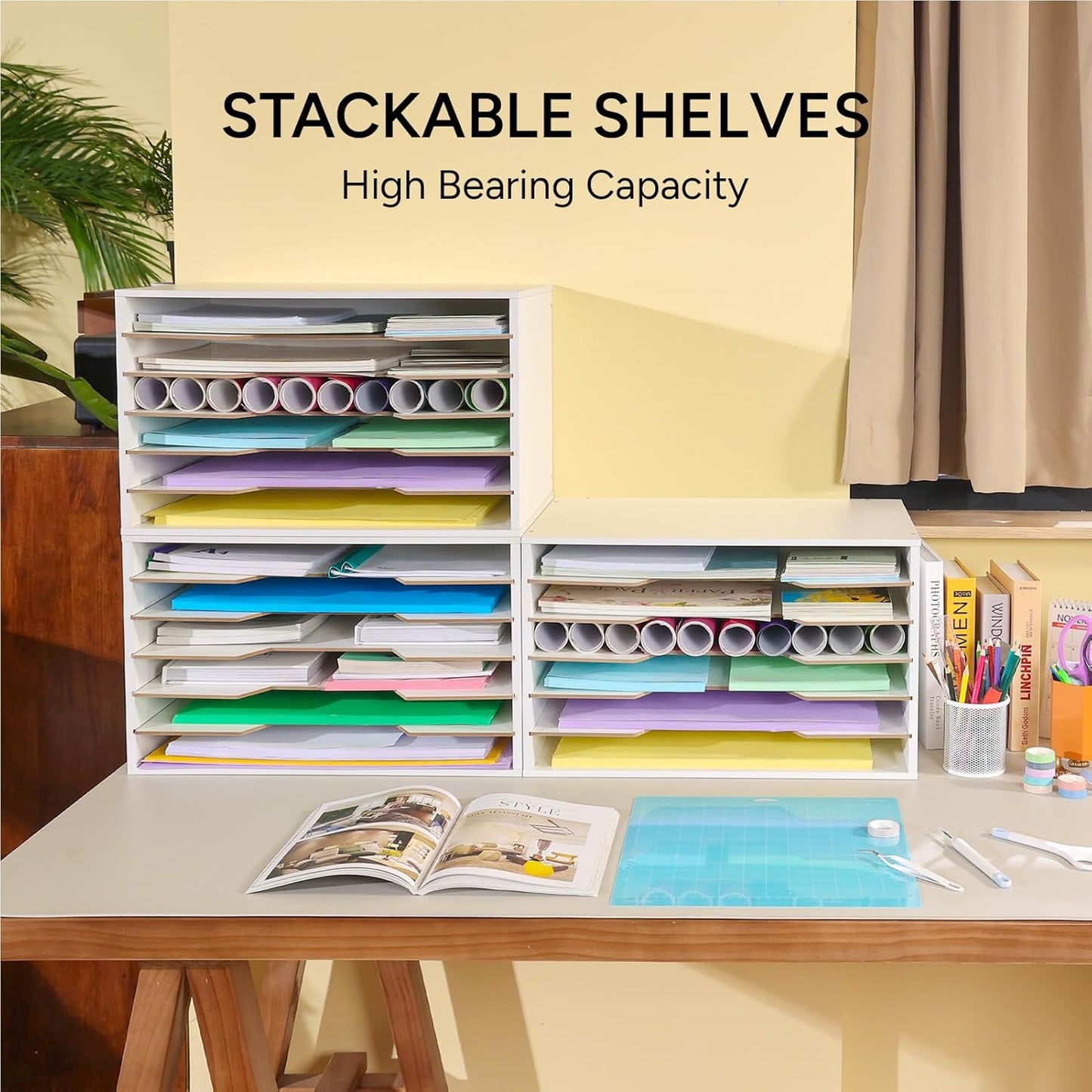 12x18 Construction Paper Organizer, Larger Size Wooden Literature Organizer, 6-Tier Desktop File Organizer for Home and Classroom, Adjustable Paper Sorter for Office