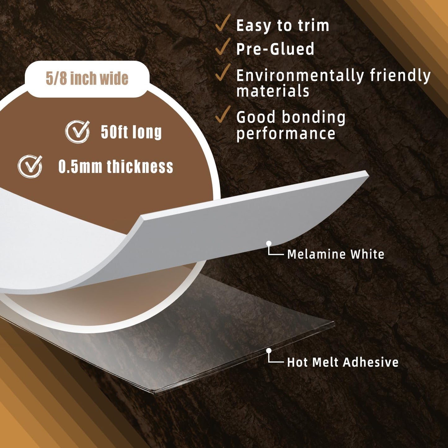 GSCIT Club White Melamine Edge Banding, 5/8 inch x 50ft Edge Banding with Hot Melt Adhesive Pre-glued Cabinet Edge Banding Flexible White Veneer Edging for Plywood