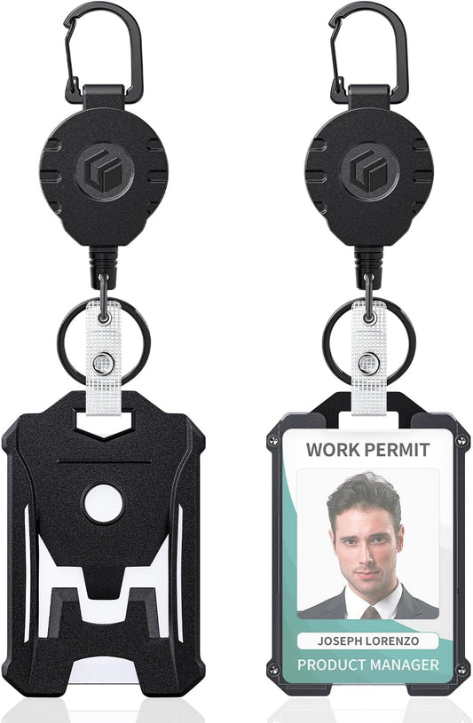 Uniclife 2 Pack Heavy Duty Badge Holder Vertical Hard Plastic Case with Retractable Keychain Badge Reel for up to 8 oz Hard Card Protector with Clear Window Tactical ID Holder