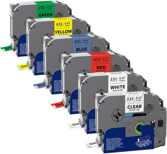 6-Pack TZe 12mm 0.47 Laminated Multi Color Compatible for P Touch Label Tape TZ TZe-231 131 431 531 631 for PTouch PT-H110 D210 D220 PT-H103W, Clear/White/Red/Blue/Yellow/Green