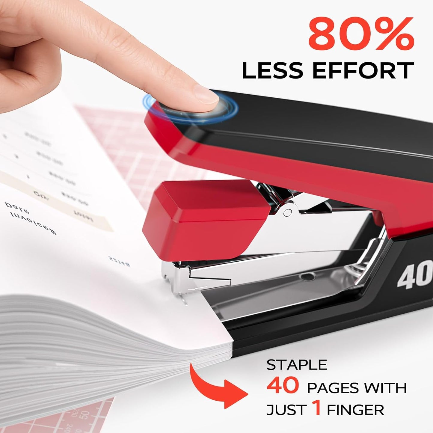 Effortless Stapler for Desk with 40-50 Sheet Capacity, 2000 Staples, 1-Touch Stapling, Ergonomic & Easy to Load Desktop Staplers, Heavy Duty Stapler, and Magnetic Staple Remover, Red