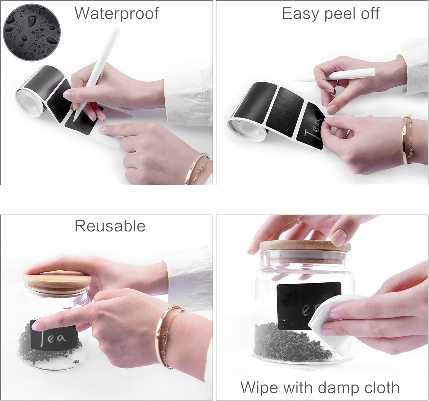 MUWOOB Chalkboard Labels, 120 Pcs Black Reusable Waterproof Label Stickers, Kitchen Pantry Sticker Labels for Containers, Mason Jars, Condiments, Food Storage (Wave)