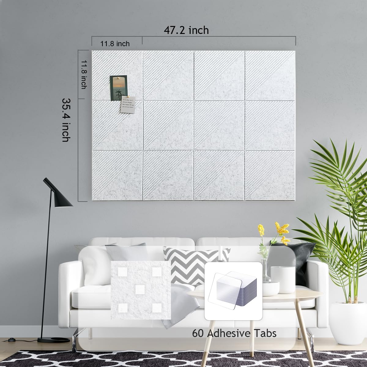 Large Cork Board for Walls 48"x 36", 12 Pack Felt Wall Tiles with Safe Removable Adhesive Tabs, Cork Board for Office,Pinboard Bulletin Board - Light Gray