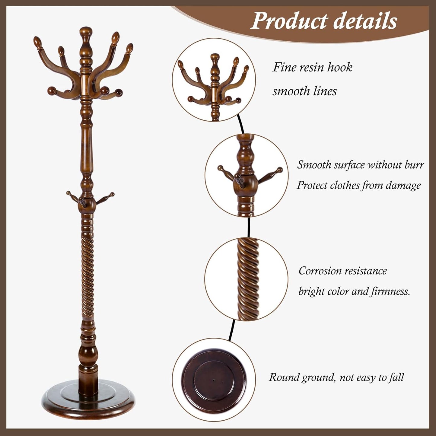 Wooden Coat Rack Freestanding, Vintage Coat Racks with Sturdy Round Base, Adjustable Height 37.40"-72.83" Entrance Coat Rack for Bedroom Living Room Entryway (Vintage Circular)