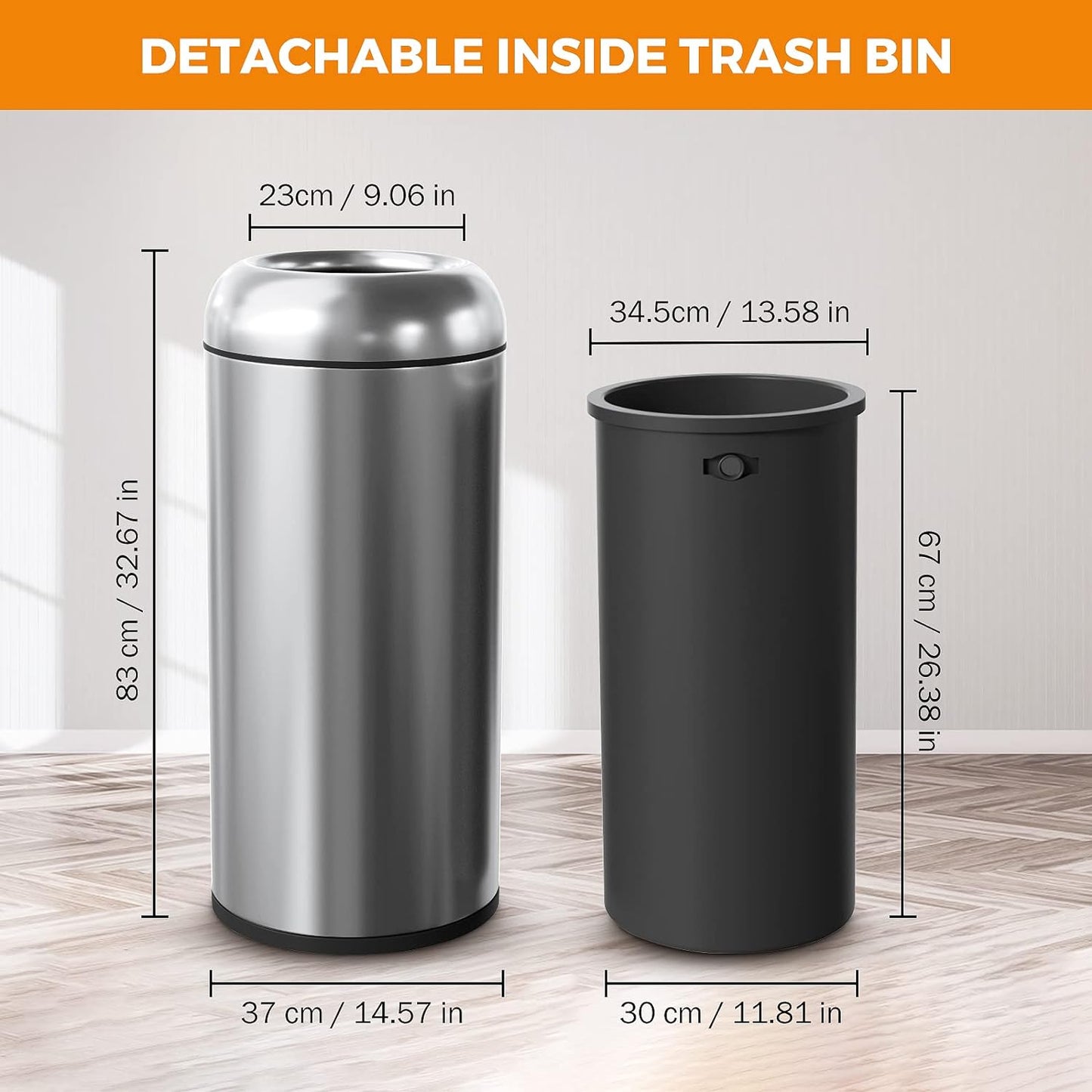 BEAMNOVA 16.5 Gallon Trash Can Black Open Top Outdoor Indoor Commercial Stainless Steel Industrial Waste Basket Container, Metallic Black Large Garbage Enclosure with Lid