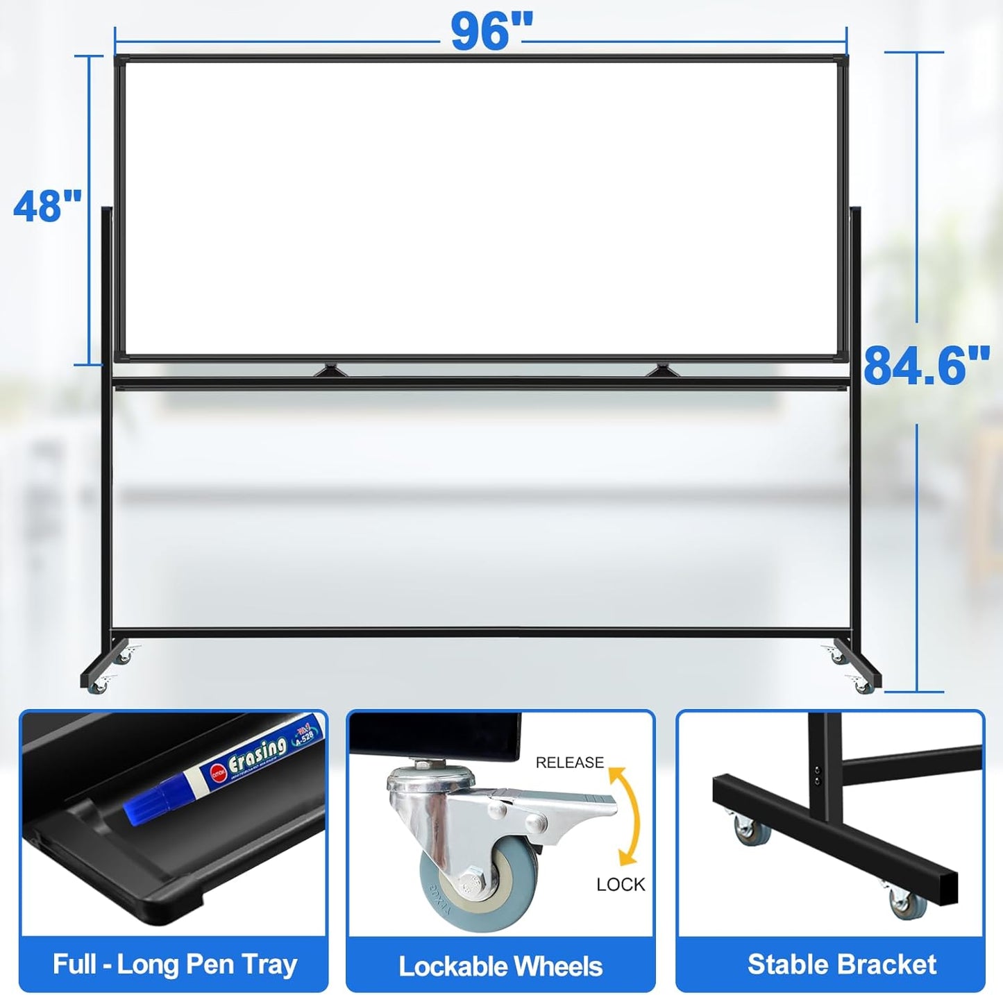 4'x8' Large Dry Erase White Board with Rolling Stand 96"x48" Double-Sided Mobile Magnetic Whiteboard on Wheels, Including 3 Magnetic Erasers, 7 Markers, 30 Magnets