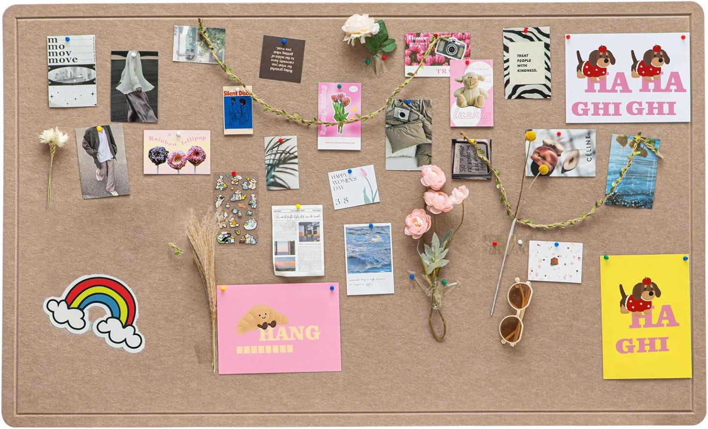 Foldable Large Felt Bulletin Board for Wall 60"x 36", Decorative Picture Framed Display Board with Self-Adhesive Tape for School, Home, Kitchen & Office Walls, Includes 30 Pins, Oatmeal