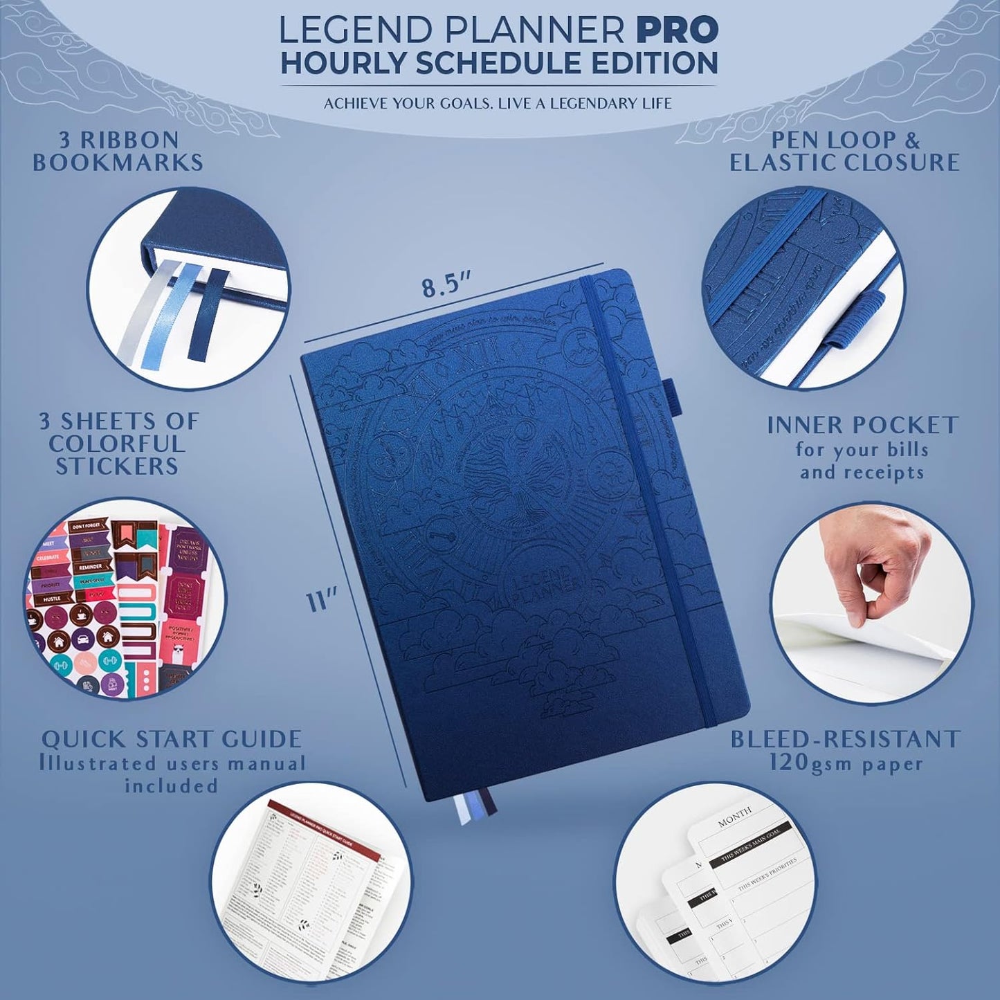 Legend Planner PRO Hourly Schedule - Weekly & Daily Organizer with Time Slots. Appointment Book Journal for Work & Personal, A4 (Mystic Blue)