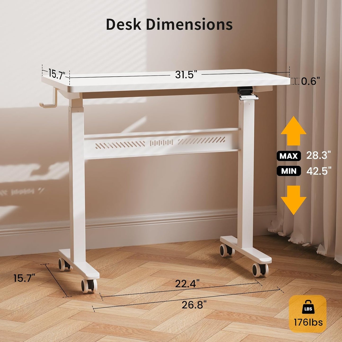 Mobile Standing Desk with Wheel, Pneumatic Height Adjustable Standing Desk for Walking Pad, Rolling Computer Workstation with 28.3"–42.5" Height, 31.5" x 15.7" Desktop for Home Office (White)