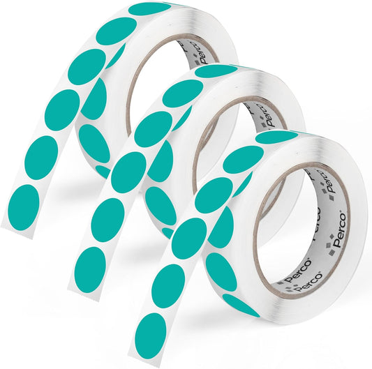 Perco Teal 1-Inch Round Circle Dot Sticker Labels - Multi-Roll Pack (3 Rolls, 1,000 Labels Each) - Permanent Adhesive, Vibrant Colors, Strong Hold - Perforated for Easy Use - Made in USA