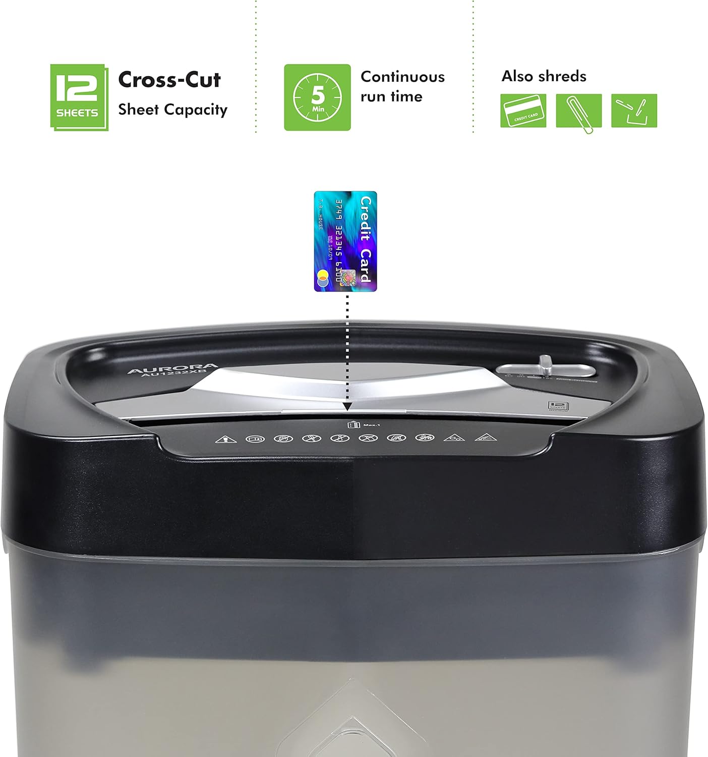 Aurora AU1232XB Anti-Jam 12-Sheet Crosscut Paper/Credit Card Shredder with 5.2-Gallon Wastebasket (Black/Semi Translucent Gray)