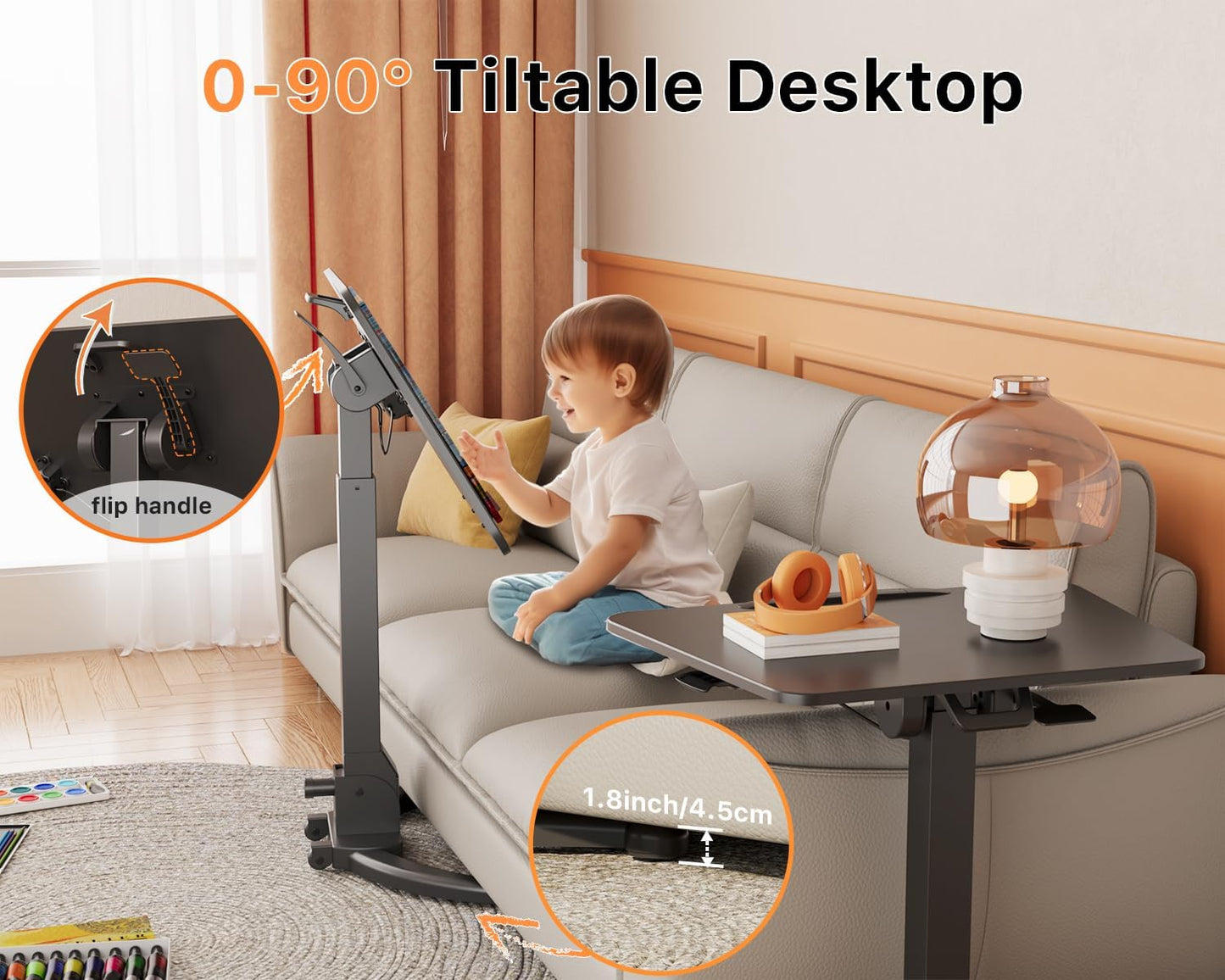 JOY worker Foldable Mobile Standing Desk, Height Adjustable Sit Stand Desk, 90° Tiltable Rolling Laptop Table, Portable Workstation with Non-Slip Mat for Home Office, Holds Up to 22lbs, Black