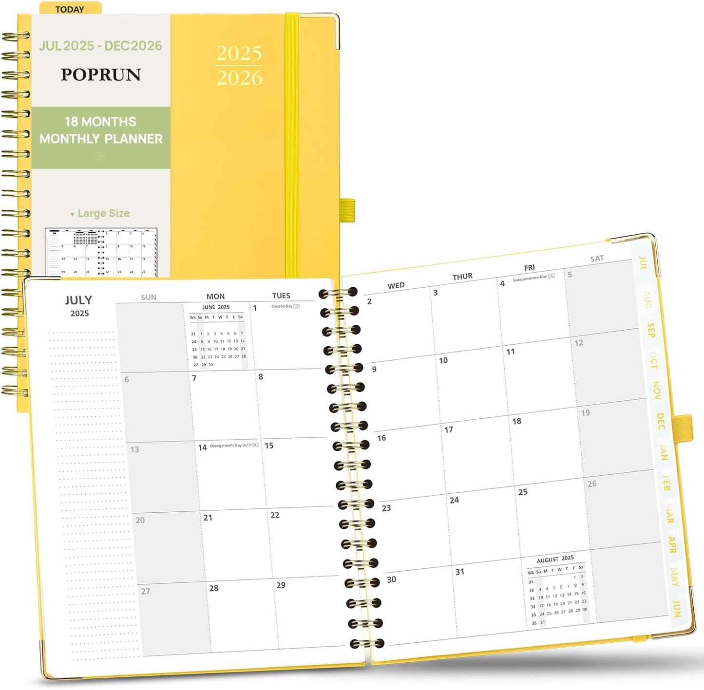 POPRUN Monthly Planner 2025-2026 Spiral Hardcover (8'' x 10''), 18 Months Calendar (Jul.2025 - Dec.2026)- 2 Pages per Month with Dotted Note Pages, Sunday Start, Laminated Tab - Light Yellow