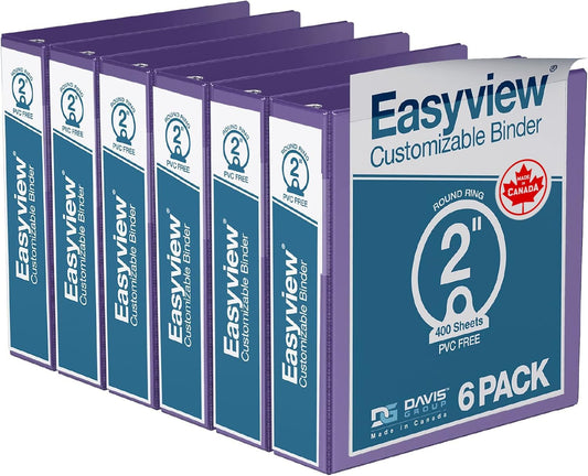 Easyview Premium 3-Ring Binders with Clear-View Covers and Round Rings, Binders for School or Office, 2 Inch, Pack of 6, Purple