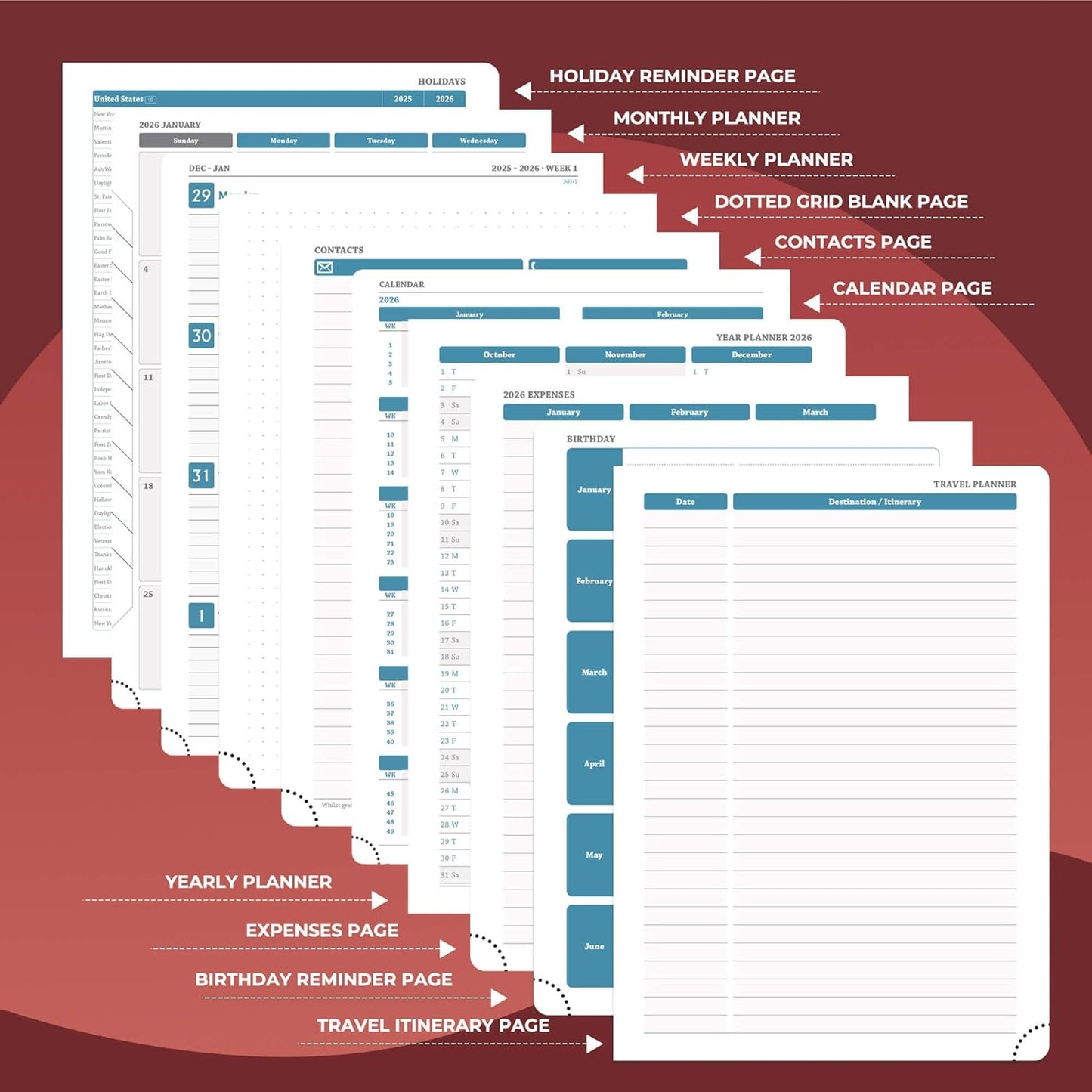 Weekly Monthly 2026 Planner (Jan.26-Dec.26),11.5"x8.5",12 Months Agenda Plan with Month Tabs & Pocket,Expenses/Note Pages, Appointment Book Calendar with Hardcover Vegan Leather Cover,Red