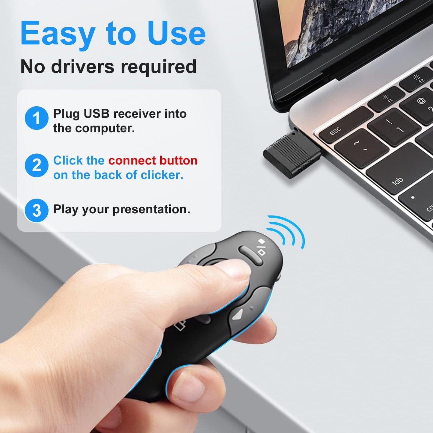 Wireless Presentation Clicker for PowerPoint Presentations, USB Dongle Presenter Remote with Laser Pointer Slide Clickers for Mac/Windows/Linux, Computer/Laptop, Google Slide/PPT/Keynote