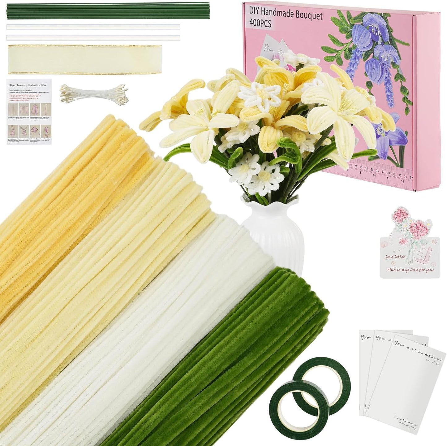 400 Pcs Pipe Cleaners Craft Set，4 Colors Chenille Stems Bulk with Floral Wires, Gardening Tape,Hot Glue Stick,Greeting Card,Bouquet Paper, Stamen & Ribbon, Flowers Craft kit for DIY Handmade Bouquet