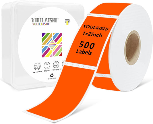 1x2 inch Label Stickers Roll for Thermal Printer 500PCS Colored Removable Freezer Labels Waterproof Blank Sticker Labels to Write on for Food Containers and Jars, Fluorescent Orange