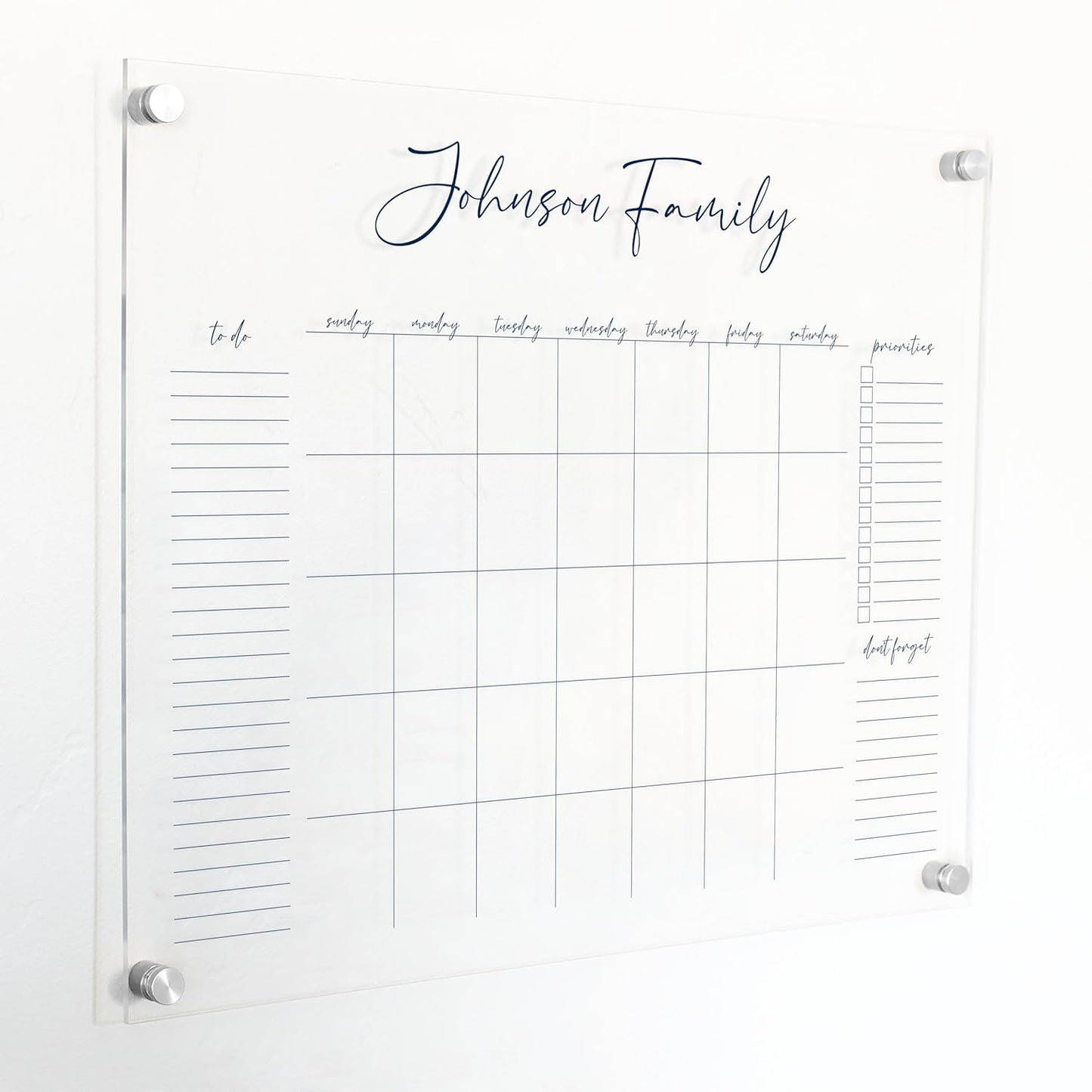 Personalized Clear Acrylic Calendar for Wall, Calendar Whiteboard for Wall, Dry Erase Wall Calendar, Wall Calendar Organizer System for Home (Cursive, Navy, 23"W x18.5"H)