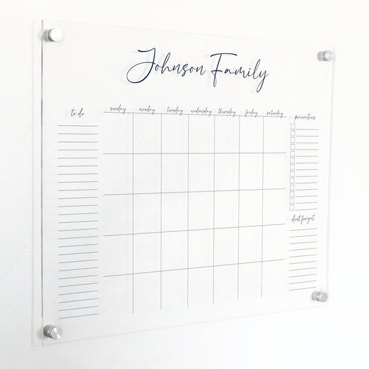 Personalized Clear Acrylic Calendar for Wall, Calendar Whiteboard for Wall, Dry Erase Wall Calendar, Wall Calendar Organizer System for Home (Cursive, Navy, 23"W x18.5"H)