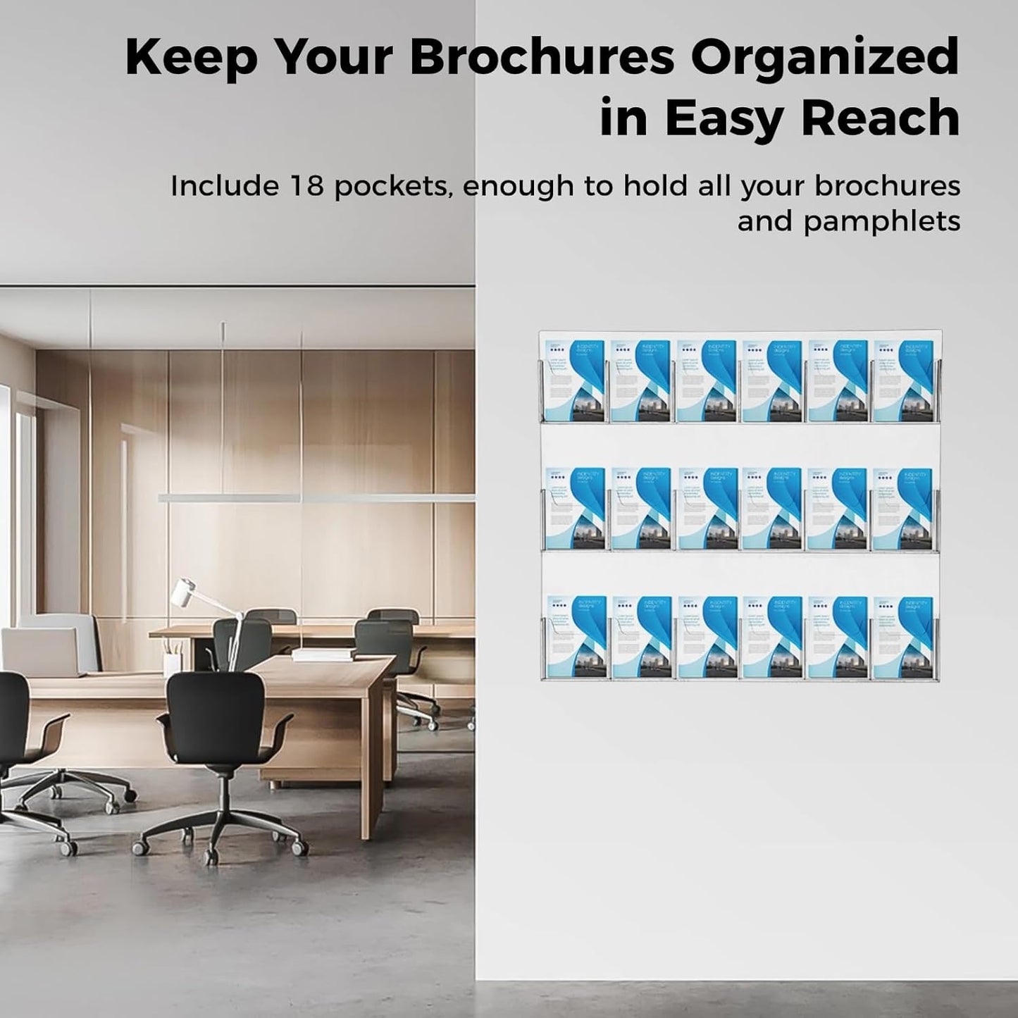 18 Pockets Acrylic Brochure Pamphlet Holder Wall Mount, 4 inches Pocket Brochure Display Stand, Pamphlet Display Stand Wall Mount, Clear Plastic Trifold Flyer Rack Literature Holder