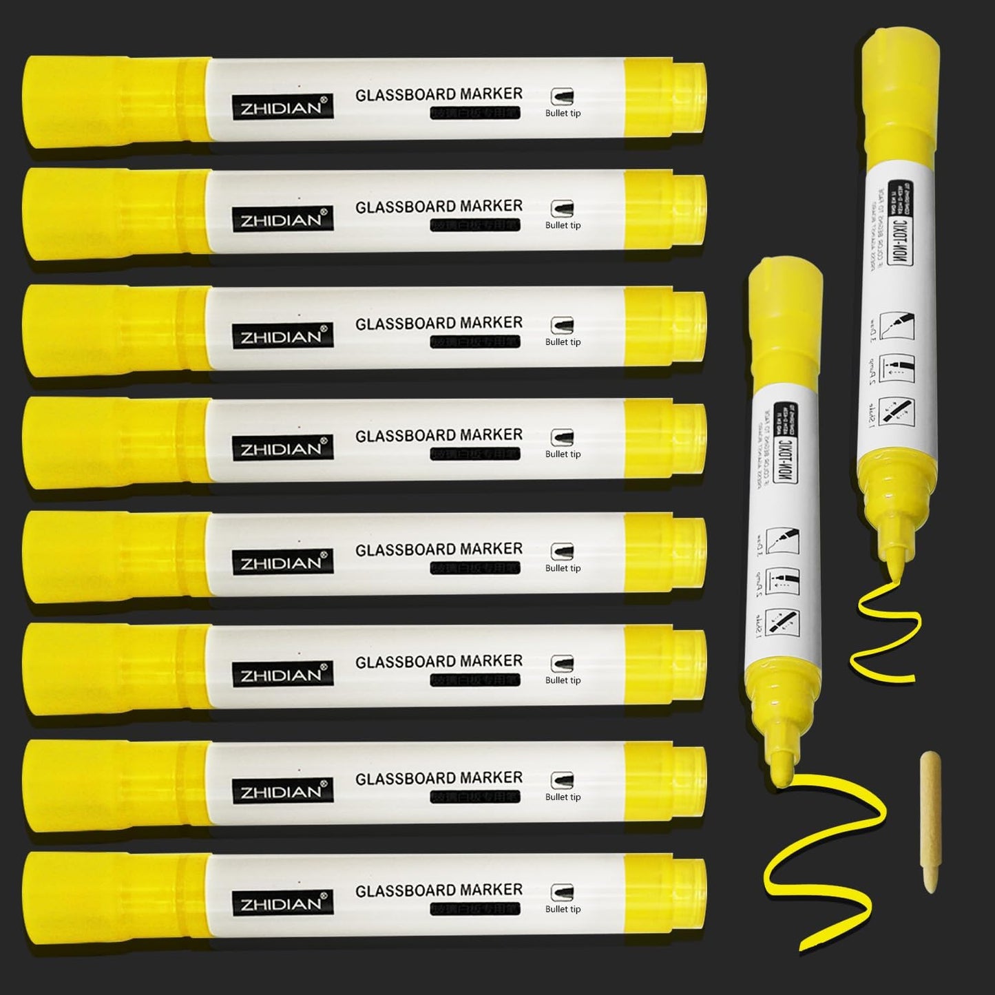 Bright Yellow Dry Erase Markers for Black Glass Board, 2-in-1 Reversible Dual Tip - Bullet & Fine, Easy Clean Grip Liquid Chalk Pens for Acrylic Board, 10 Pack