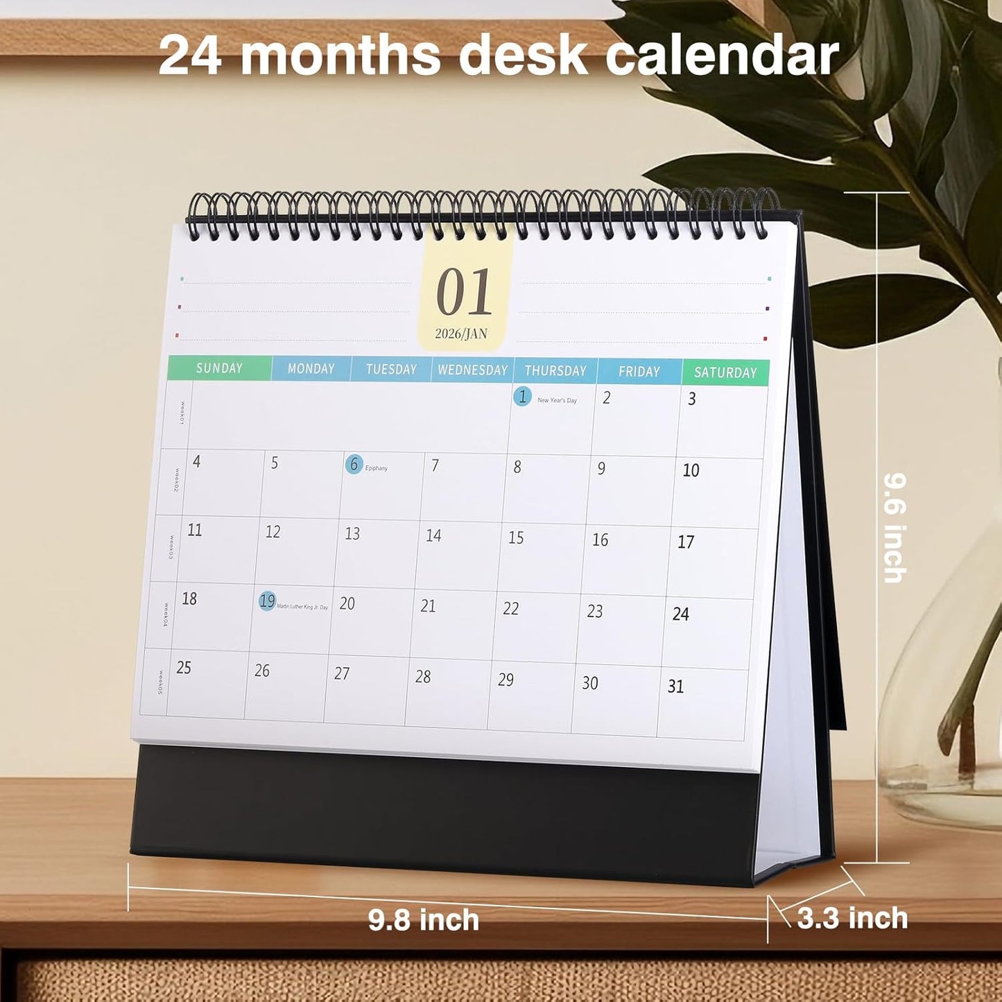 Desk Calendar 2026-2027, 2 Years Calendar Runs from Jan. 2026 until Dec 2027, Table Monthly Planner with Stickers for Home,Office,School Organization(L-Black+Green,9.8" x 9.6")