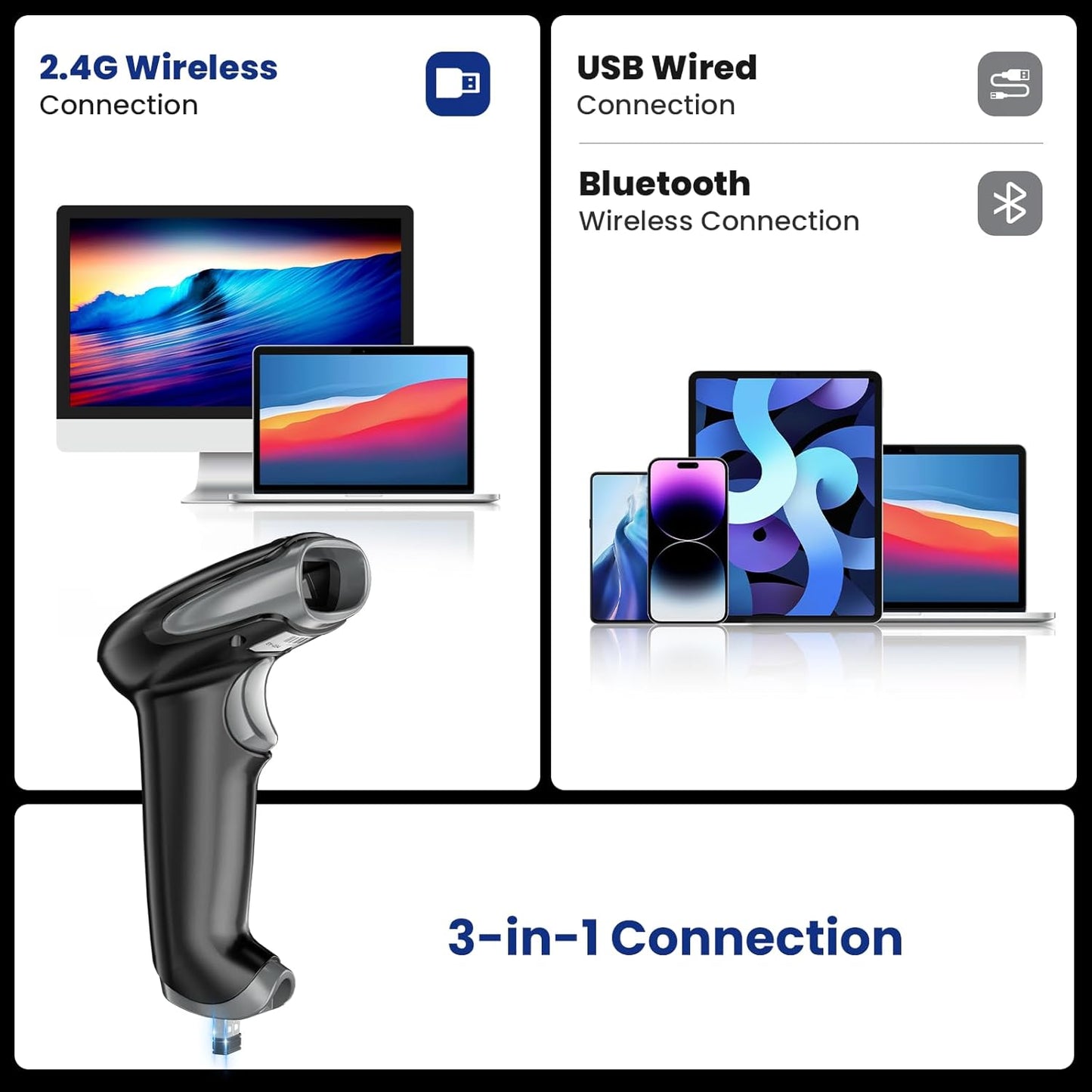 Eyoyo 2D Barcode Scanner Wireless: Handheld 3-in-1 Bluetooth USB Wired QR Code Scanner, 1D Bar Code Reader for Library, Warehouse Retail POS Compatible with iPad, Android Phone, iPhone, Laptop, PC
