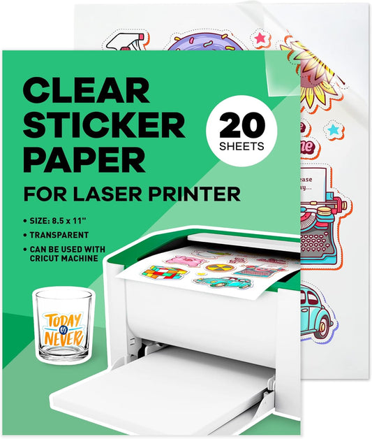 Clear Sticker Paper for Laser Printer - (20 Sheets), 8.5 x 11" Letter Size, Glossy Vinyl Sticker Paper - Perfect for Crafting and Vibrant Designs