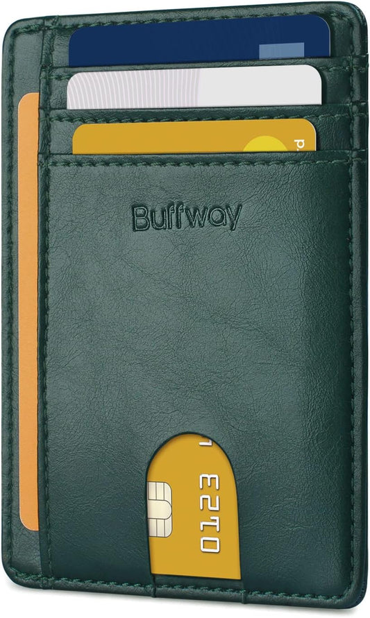 Buffway Slim Minimalist Front Pocket RFID Blocking Leather Wallets for Men and Women - Alaska Green