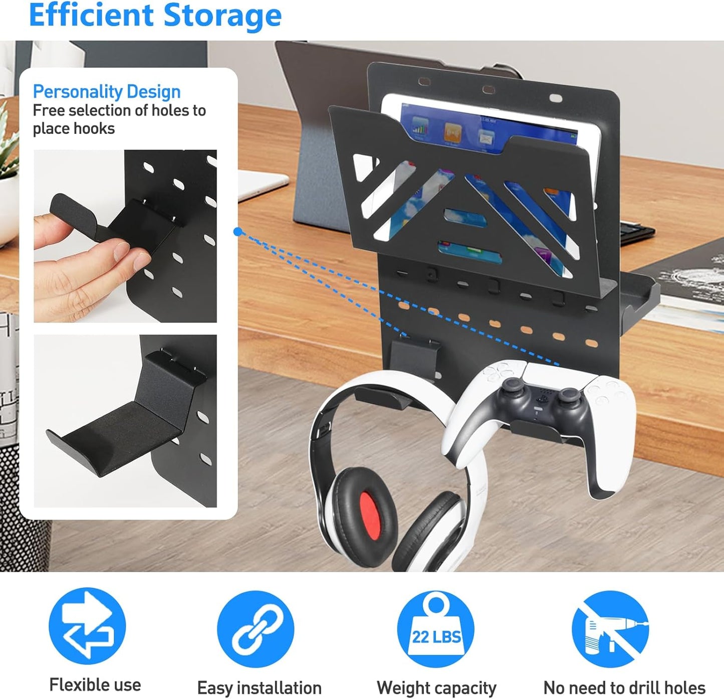 MAXECHO Desk Side Storage Holder, Metal Pegboard, Above or Under Desk Laptop Mount, Table Side Hanging File Organizer, Clamp On Cable Management Tray, Peg Board for Gaming, Office