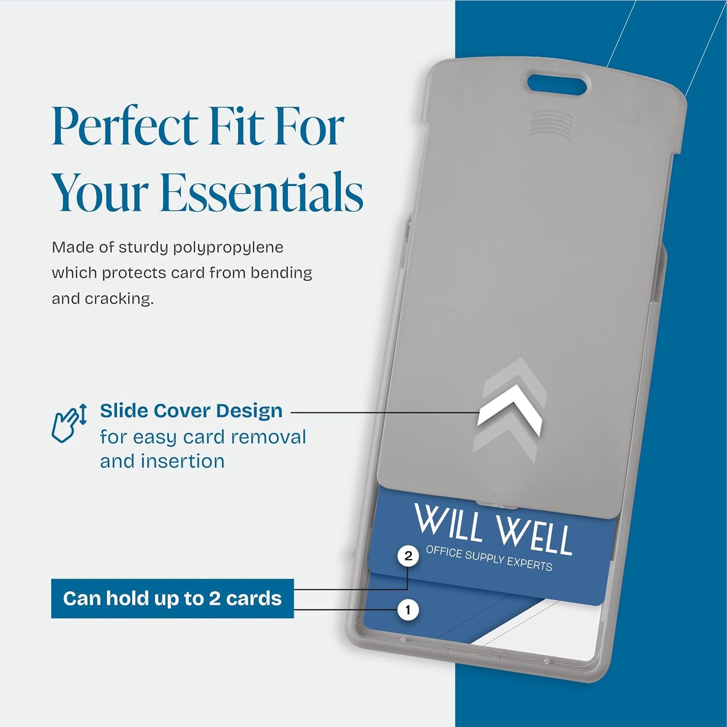 Will Well Vertical Sliding Badge Holder for Lanyards - Hard ABS Plastic 4.13" x 3.3" Protector Fits Up to 2 Standard-Sized Cards, Lightweight Secure Quick-Access Slide Cover Design - 6-Pack, Grey