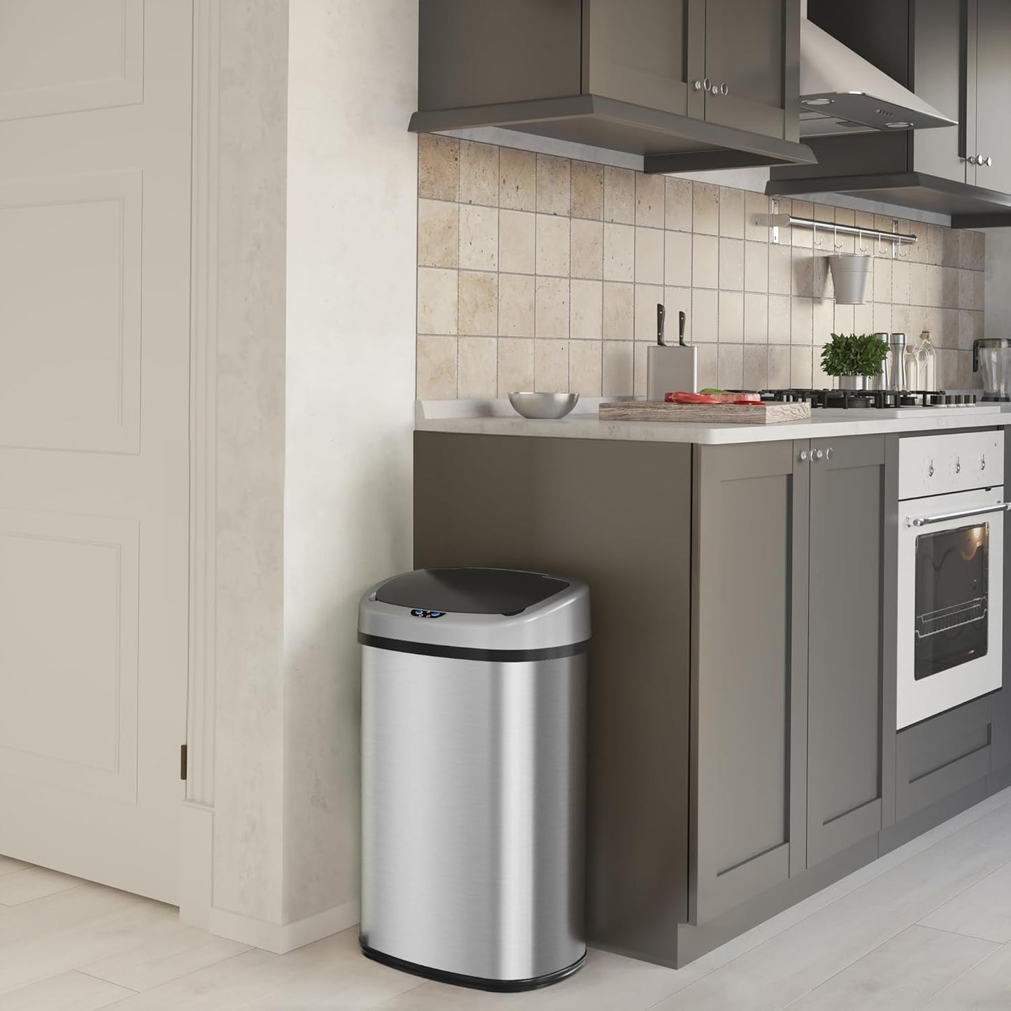 iTouchless 13 Gallon Stainless Steel Kitchen Trash Can with Sensor 2.0 Tech Touchless Lid and AbsorbX Odor Filter, Oval Slim Space-Saving Automatic Garbage Bin for Home, Office, Business, Restroom