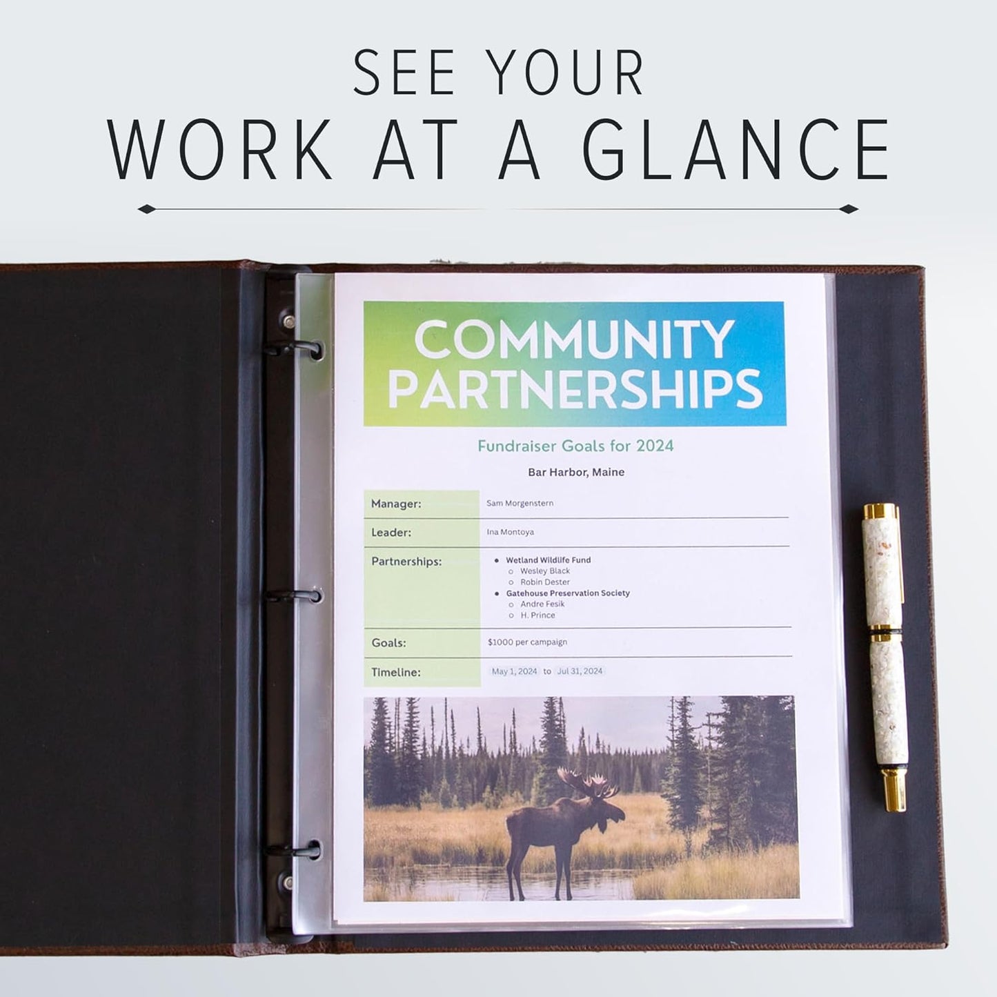 Gallery Leather 3 Ring Binder with Plastic Sleeves, Includes 10 Sheets, Sheet Size: 8.5" x 11" - Presentation Binder Rings with Hubbed Spine, Thick: 1.25" Freeport Black