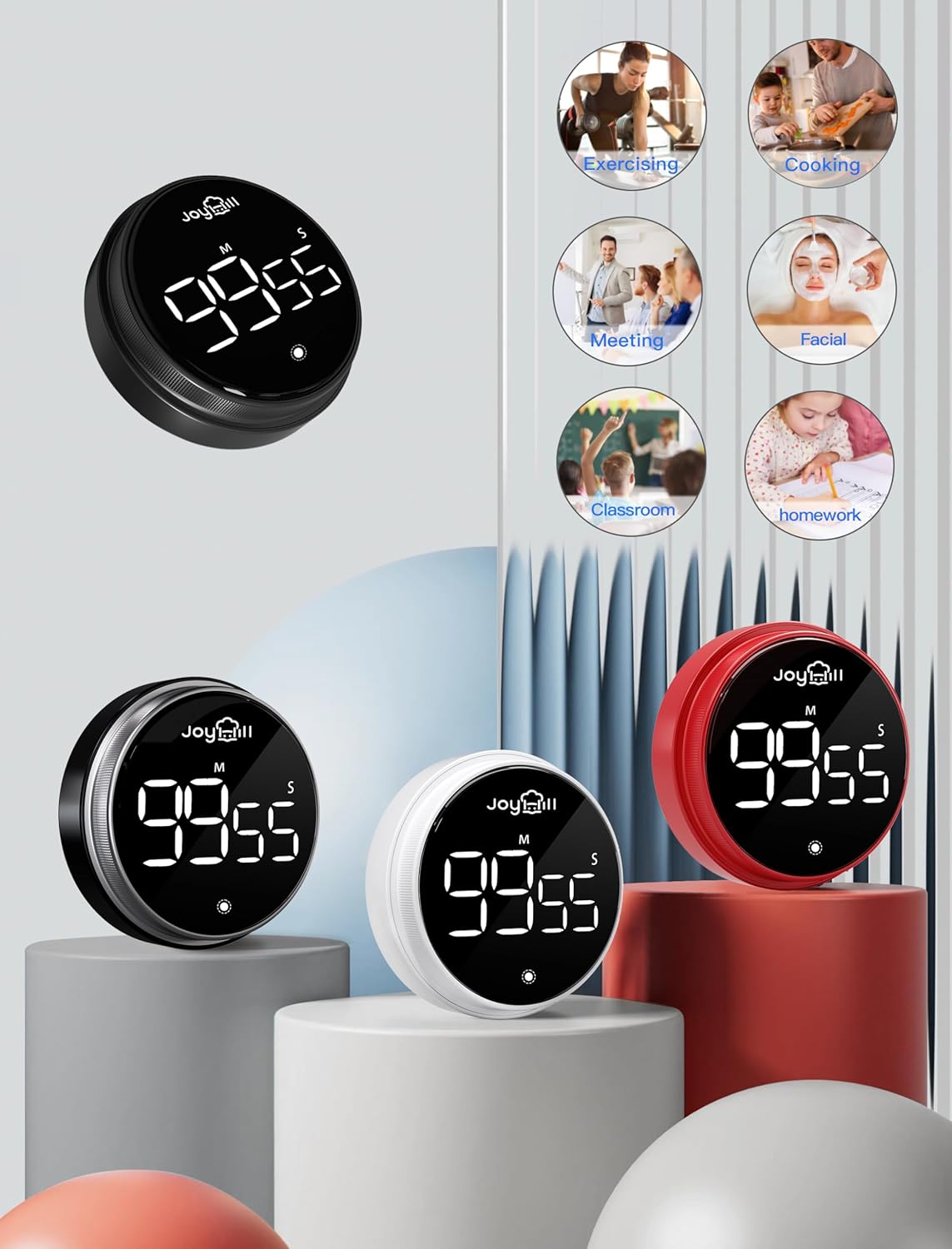 JOYHILL Digital Kitchen Timer, Large LED Display with Magnetic Countdown 3 Volume Levels, Ideal for Cooking Classroom Studying Fitness, Timer for Kids and Seniors, Red 2 Pack