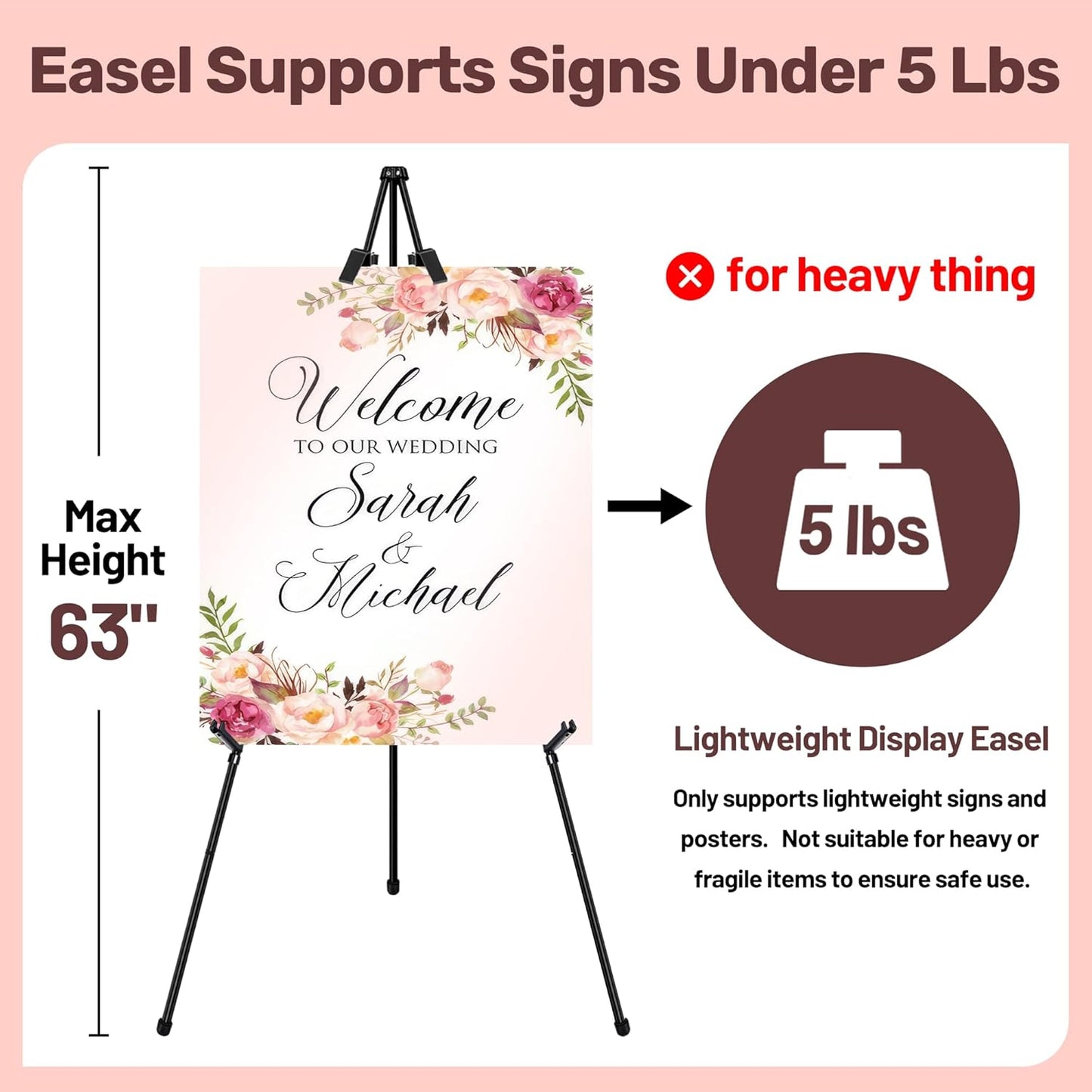 2Pack Black Easel Stand for Sign & Poster - 63" Adjustable Metal Display Easels for Wedding Welcome Signs, Painting, Canvas, Art & Picture - Portable Folding Tripod with Carry Bag, Holds 5 Lbs