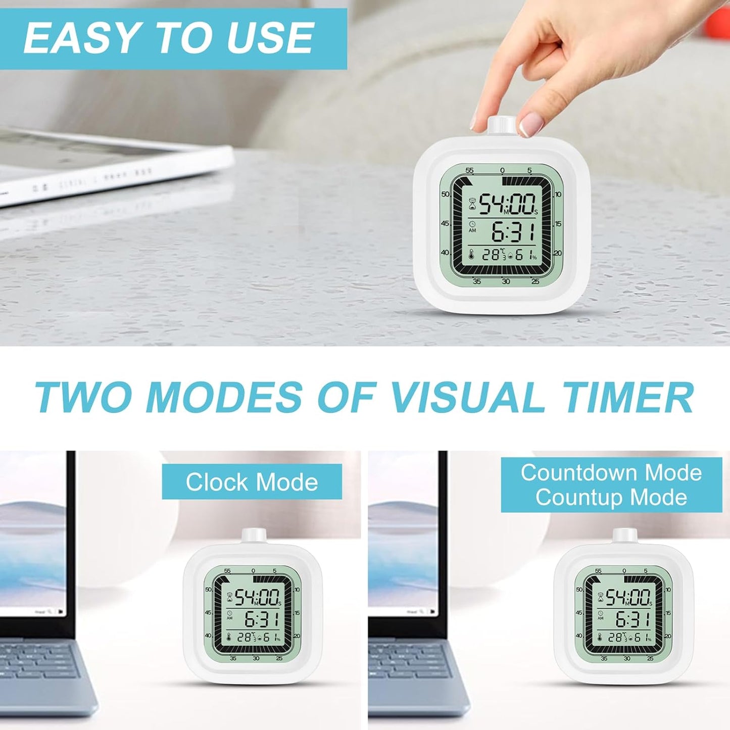 Visual Timer for Kids Kitchen Timer Alarm Clock Countdown Count-up 60 Minutes Shower Room Clock Training Manager time with Digital Thermometer Hygrometer White