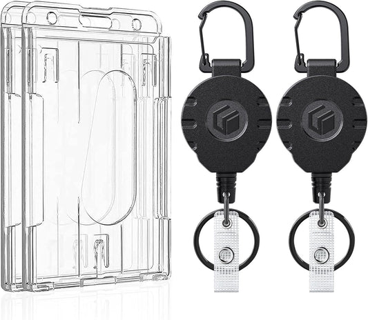 Uniclife 2 Pack 2-Card Thumb-Slot Badge Holder Vertical Clear Plastic Case with Retractable Keychain Badge Reel for up to 8 oz Hard Card Protector for IDs Credit Cards Driver’s Licenses and Passes
