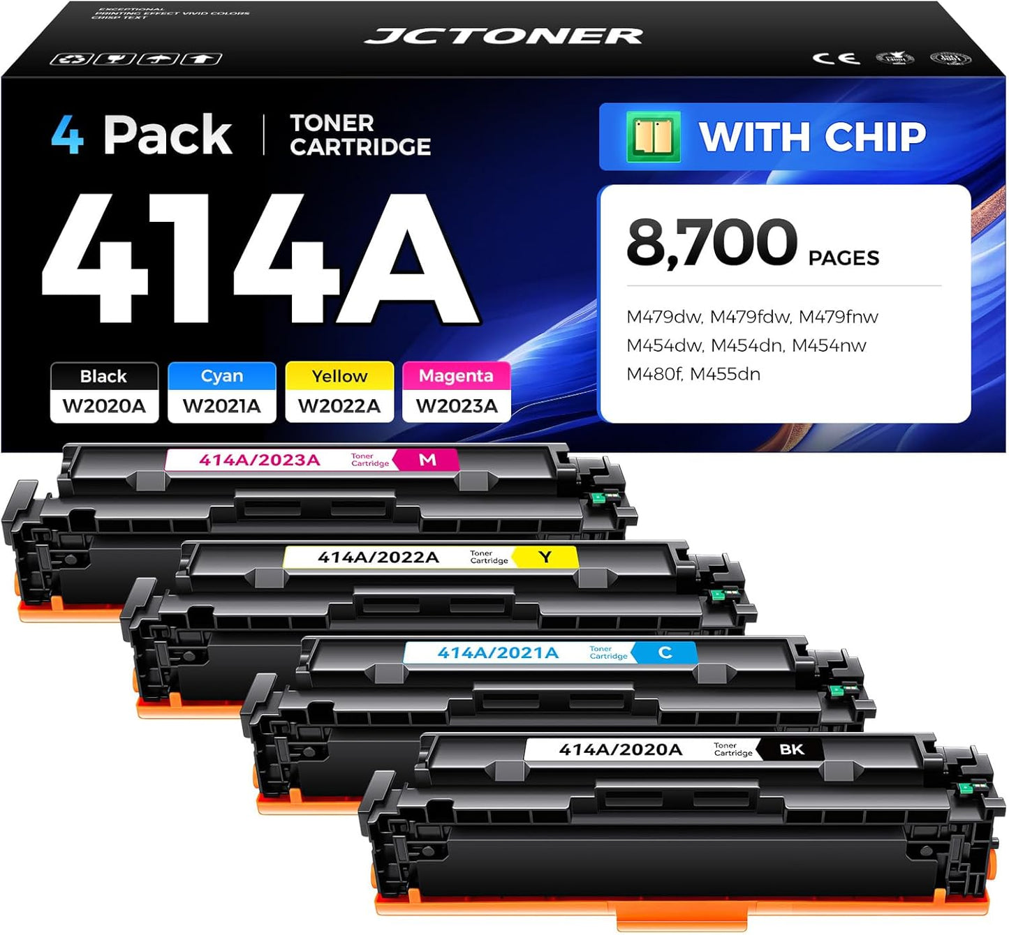 414A Toner Cartridge Set 4-Pack Replacement for HP 414A W2020A W2021A W2022A W2023A Compatible for HP Color Laserjet Pro MFP M479fdw M479fnw M479dw M454dw M454dn M454nw Enterprise M480f M455dn Printer