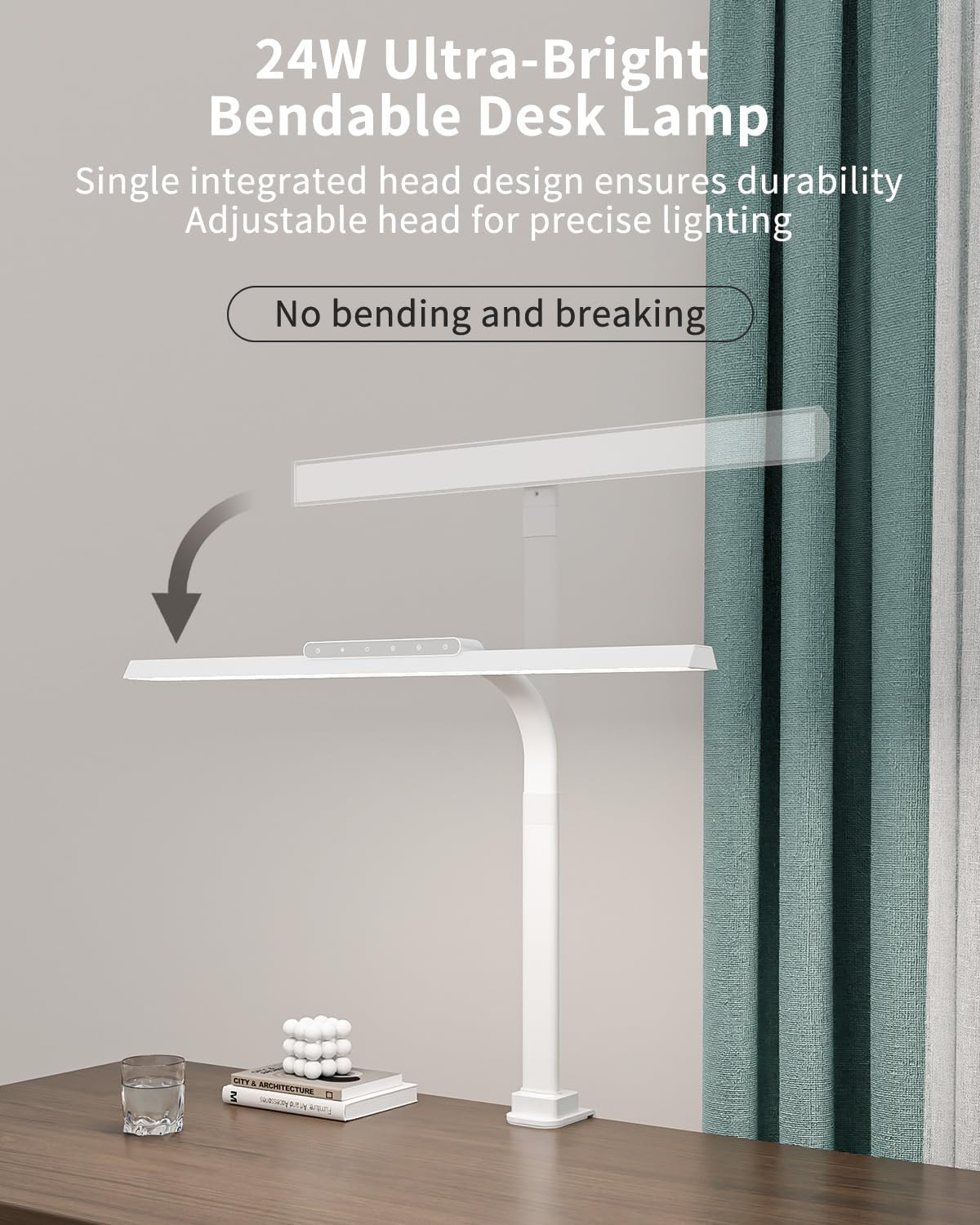 LED Desk Lamps for Home Office, 24W Bright Eye-Caring Desk Light with Clamp, Stepless Dimming Adjustable Flexible Gooseneck Clip on Office Lamp with Adapter for Reading, Study, Workbench,White