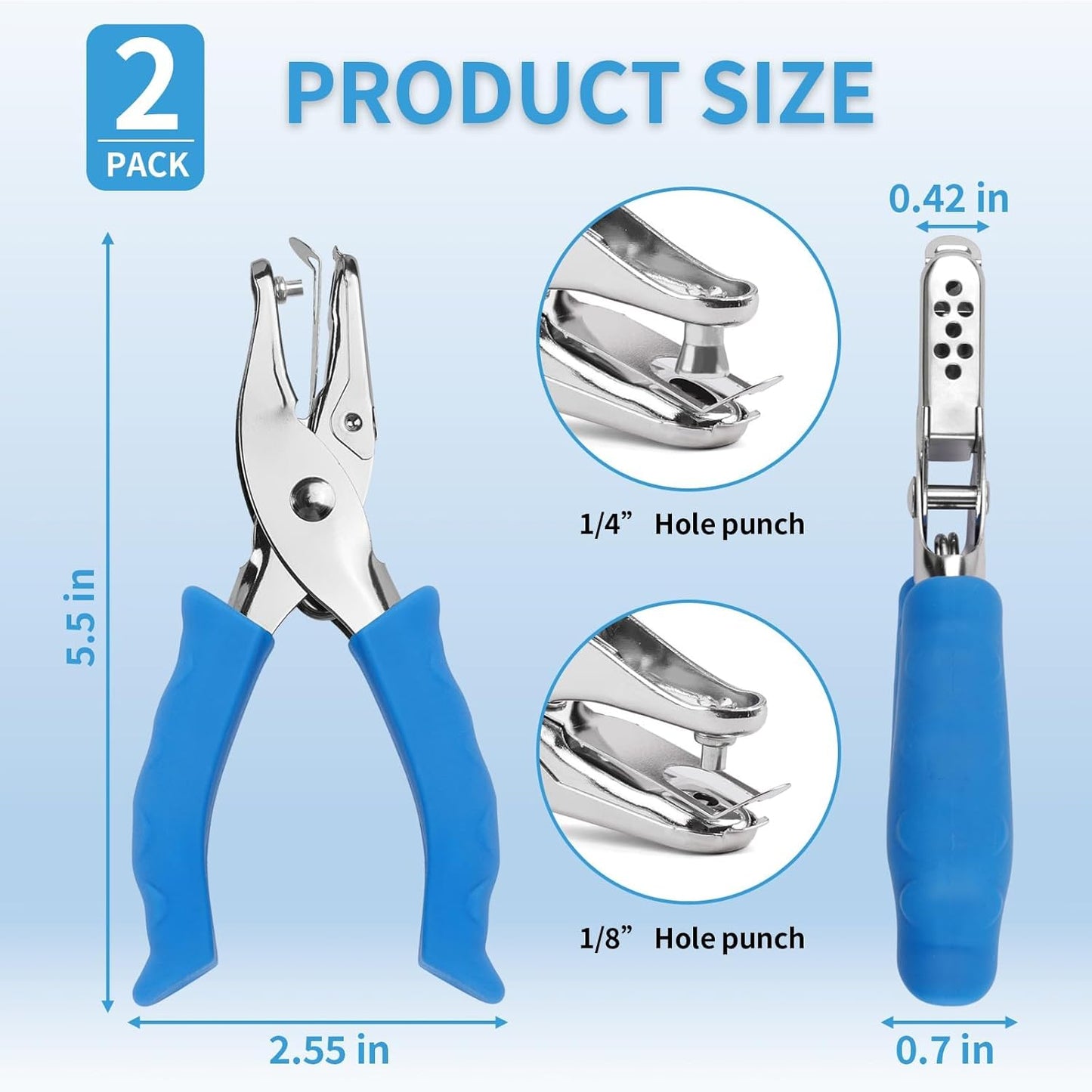 Single Hole Punch, 2 Pcs Hand Hole Puncher with Soft Grip Handle, 1/4" and 1/8" Small Hole Paper Punch for Crafts, Scrapbooks, 6 Sheets Capacity, Tags, Tickets - Blue