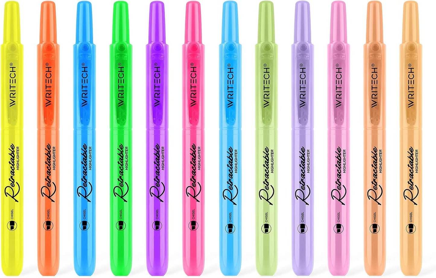 WRITECH Retractable Highlighters Assorted Colors: Chisel Tip Click Aesthetic Highlighter Marker Pens Pack Multi Colored Ink No Bleed Smear for Highlighting Journaling (12ct Neon+Pastel)