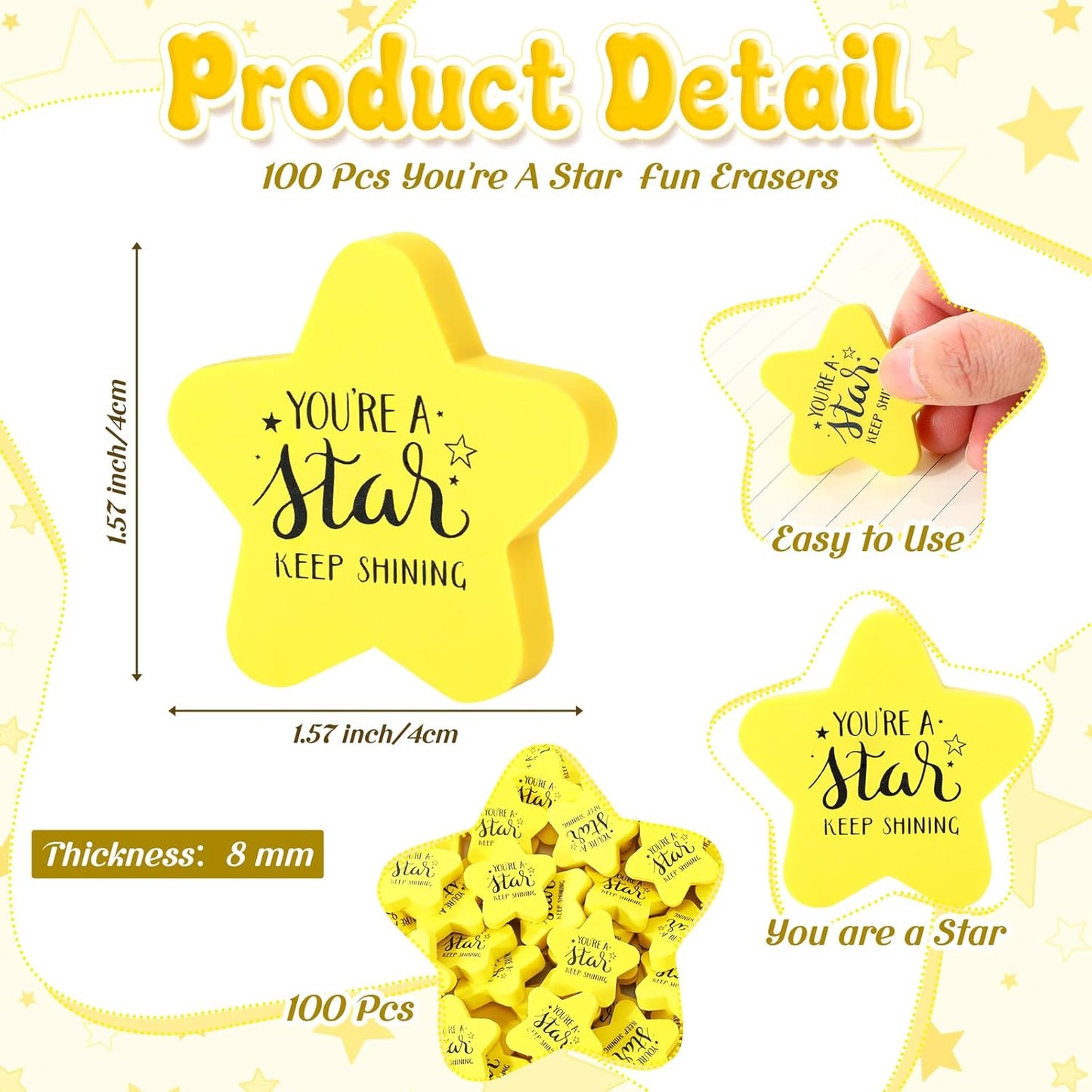 Spakon 100 Pcs Inspirational Star Erasers for Kids Bulk Cute Back to School Erasers 1.57" Fun Eraser for Classroom Prize You're A Star Yellow Motivational Gift for School Student Rewards