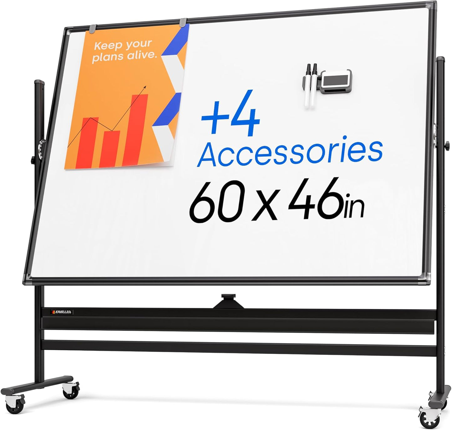 Rolling Dry Erase Board 60 x 46 - Large Portable Magnetic Whiteboard with Stand - Double Sided Easel Style with Wheels - Mobile Standing Whiteboard for Office, Classroom & Home