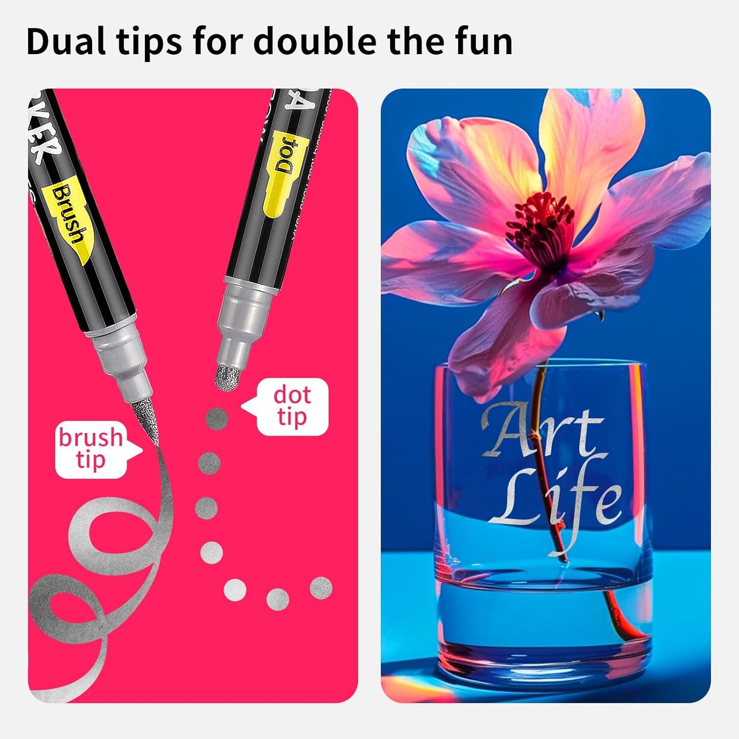 NAWOD 3 Silver Acrylic Paint Pens Markers, Dual Tip (Dot + Brush Tip), for Rock Painting Fabric Canvas Glass Wood Ceramic Paper Eggs, Fabric Marker Ideal for Labeling DIY Crafts Art Projects