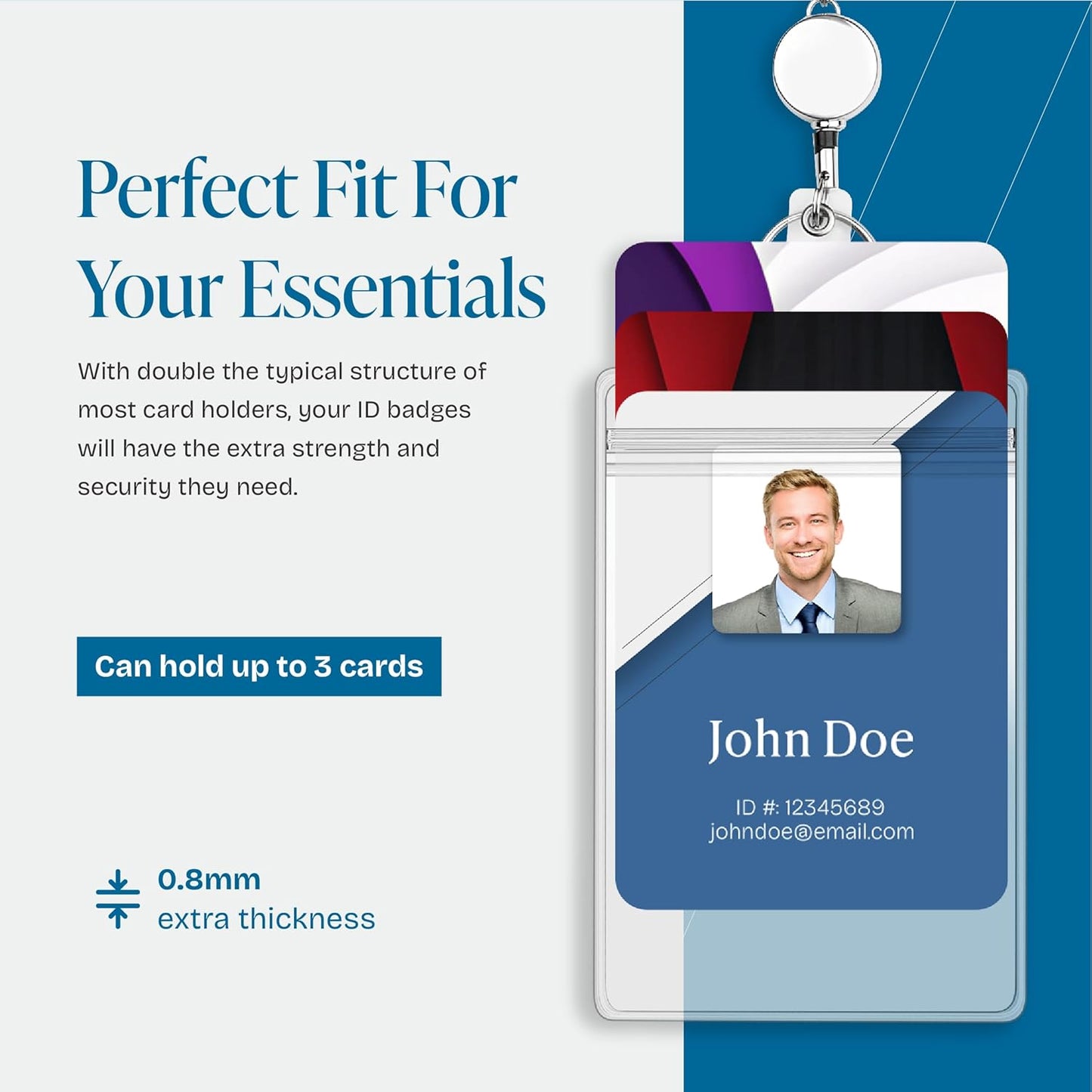 Will Well ID Badge Holders with Holes for Lanyards and Keyrings - Vertical Clear Plastic 2.6" x 3.7" Inner Size Sleeves Fit Up to 3 Cards, 0.8mm Thick Waterproof Resealable Zip Type - 50-Pack