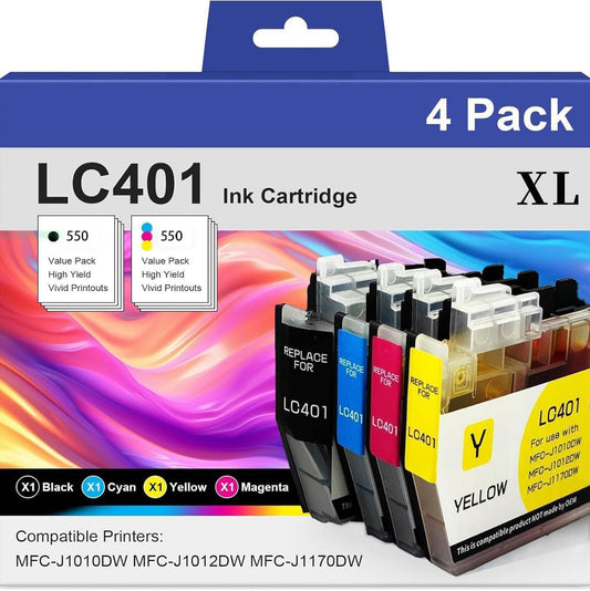 LC401XL Ink Cartridges Compatible for Brother Ink Cartridges LC401 XL Use for MFC-J1010DW MFC-J1012DW MFC-J1170DW MFC-J1800DW (Black Cyan Magenta Yellow, 4 Pack)